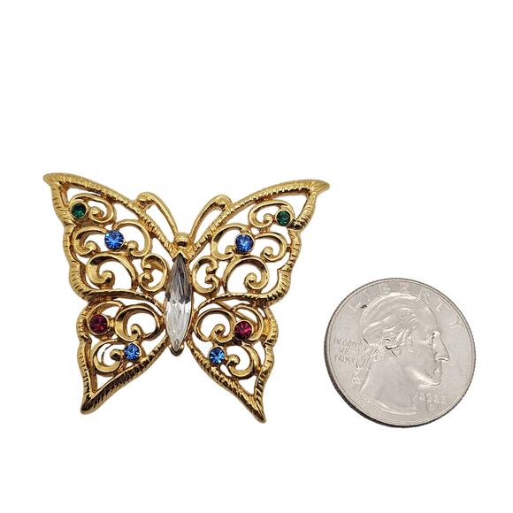 Monet Butterfly Brooch Gold Tone Filigree Pin Rhinestone Jewel Tones Insect - Picture 3 of 5